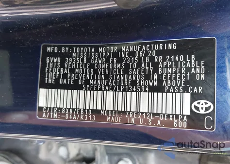 2020 Toyota Corolla Le from USA, damaged, VIN 5YFEPRAE7LP134594